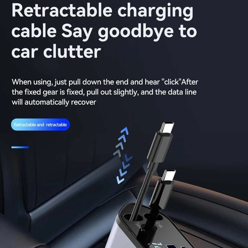 Bluejw USB C Car Charger Fast Charging 4-in-1 Retractable Cable Dual Port Automobile Adapter Compatible with All Phones - Image 3